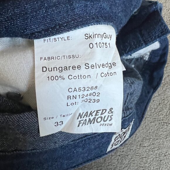 Naked & Famous Men’s Skinny Guy Jeans Sz 33x32 Dungaree Selvedge Blue Denim - Picture 8 of 16